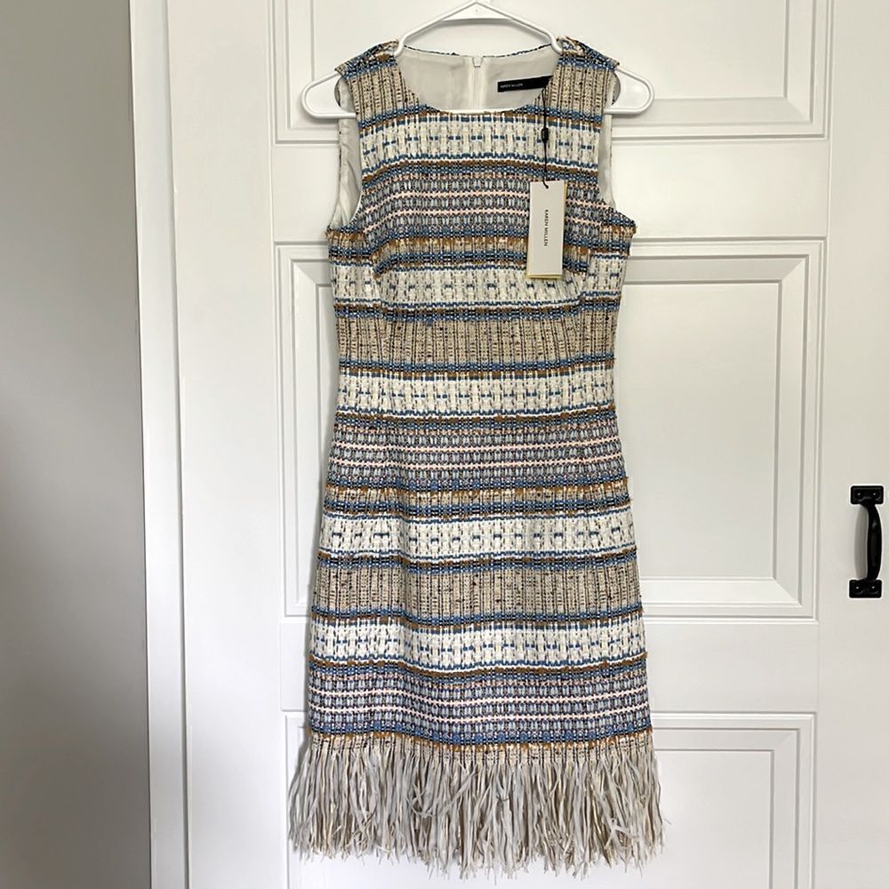 New Karen Millen Tweed Sheath Dress with Fringe